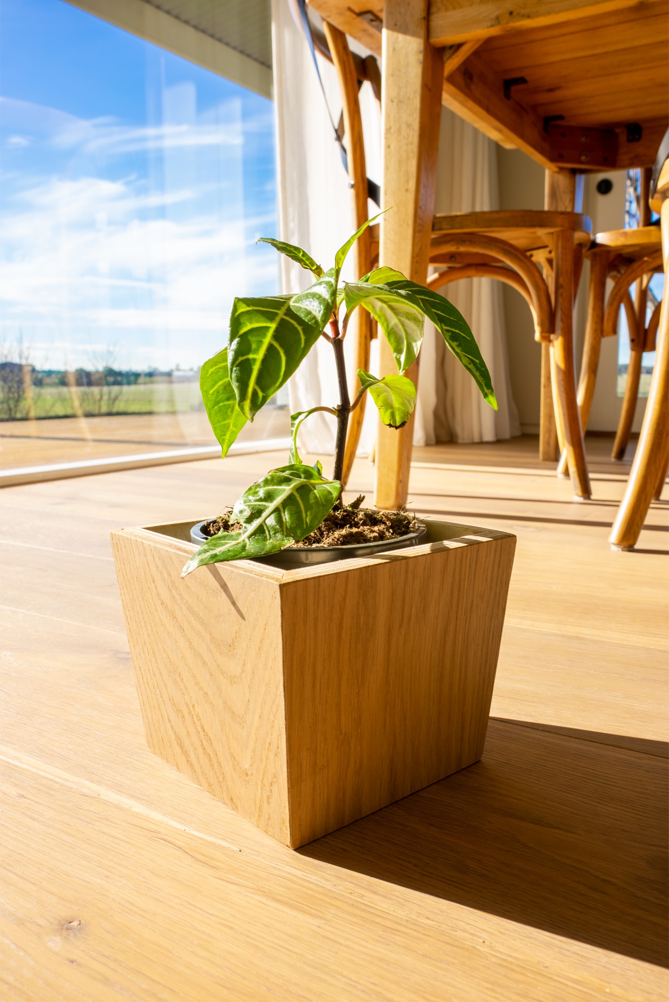 Peninsula farm residence &mdash; oak planter box detail with farmland view